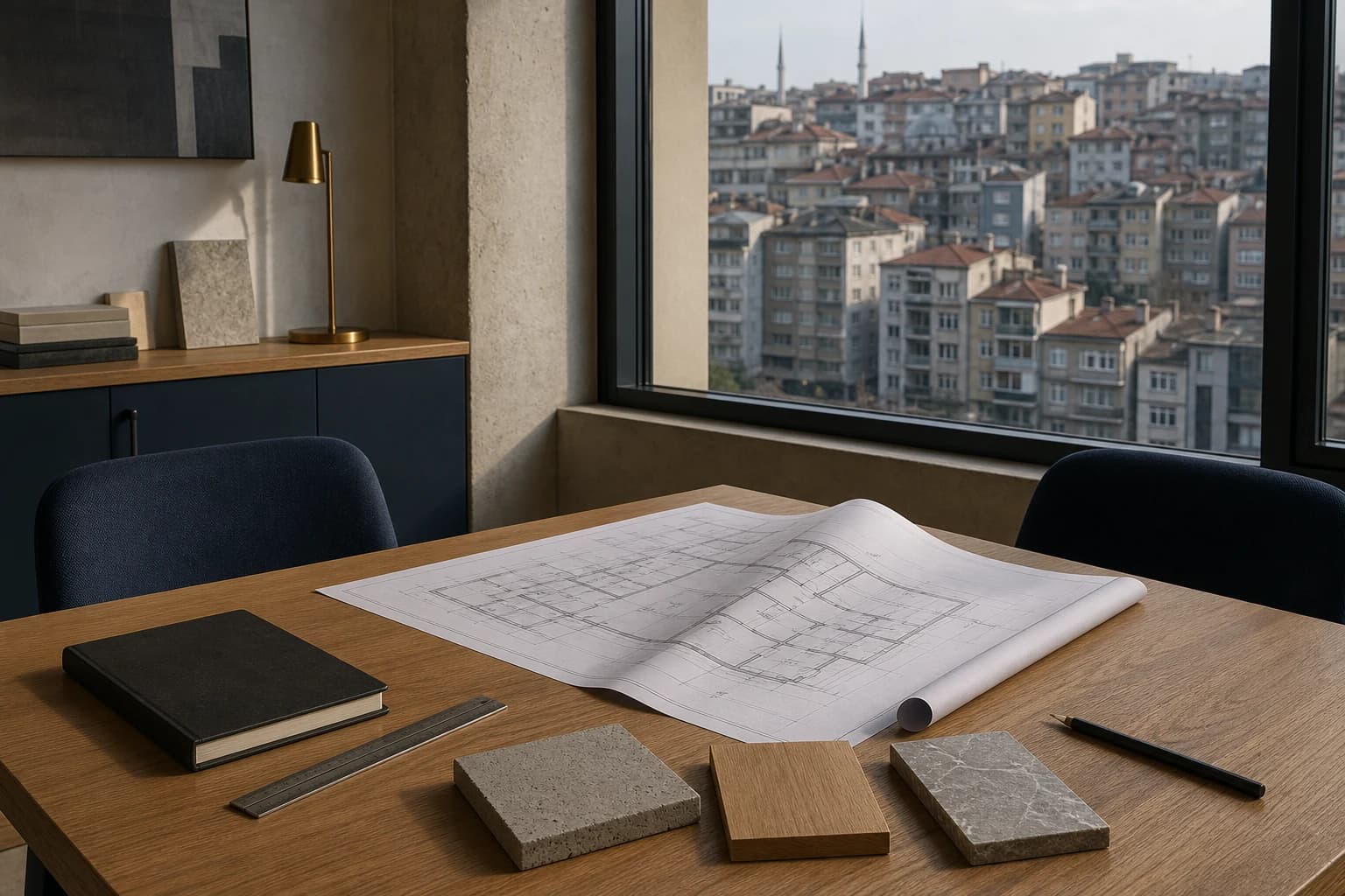 Ofis masasında açılmış yapı projesi, malzeme örnekleri ve pencereden İstanbul manzarası