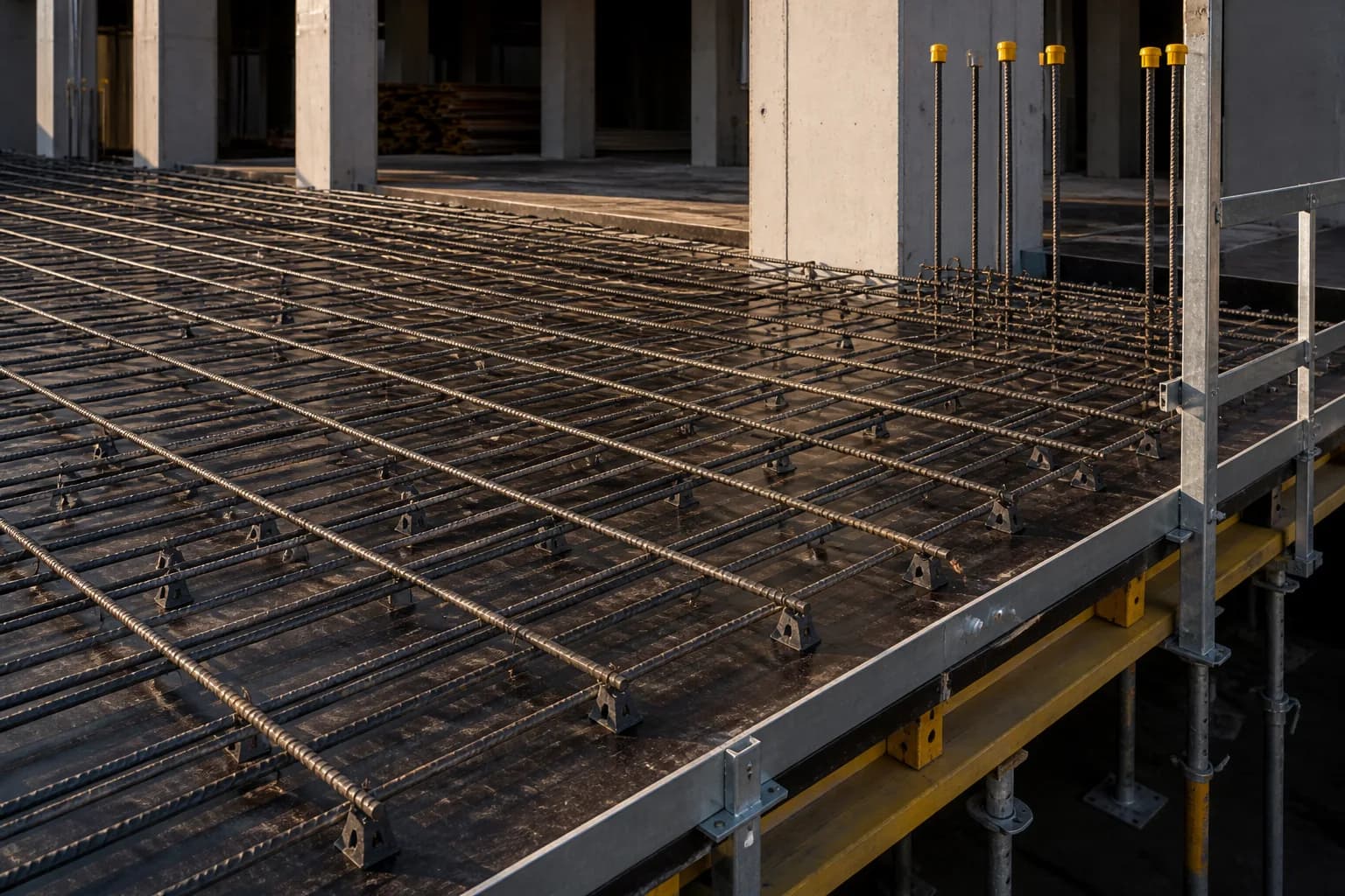 Betonarme döşeme öncesi serilmiş hasır donatı ve kalıp iskelesi