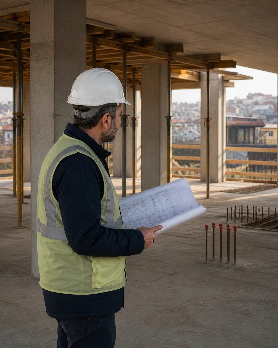 Şantiyede baretli bir teknik personel, betonarme kat arasında proje paftasını inceliyor