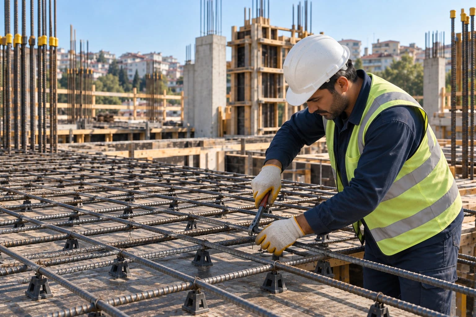 Baretli bir işçi, betonarme döşeme donatısını şantiyede bağlıyor