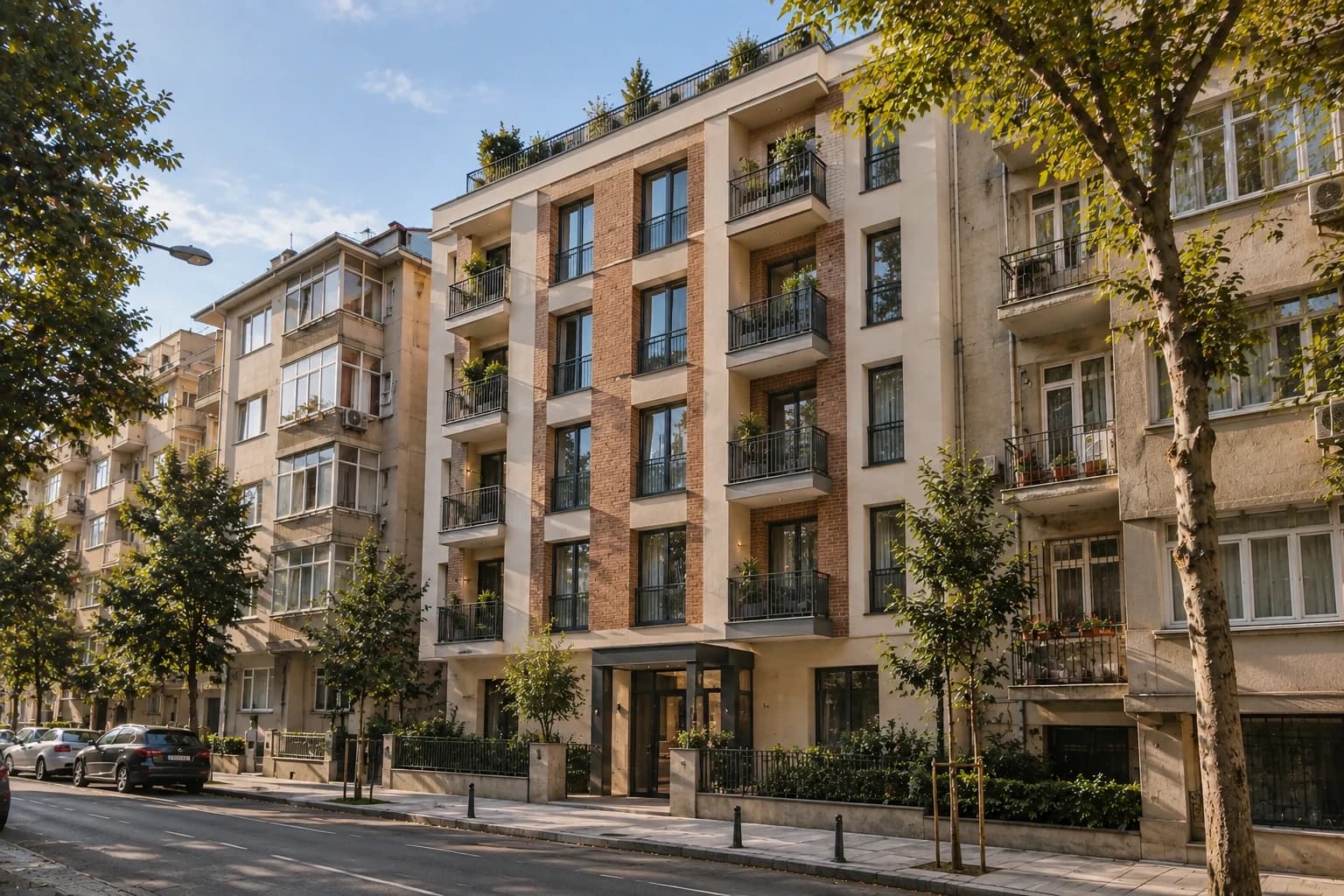 Ağaçlı bir sokakta, eski apartmanların yanında yenilenmiş bir bina cephesi
