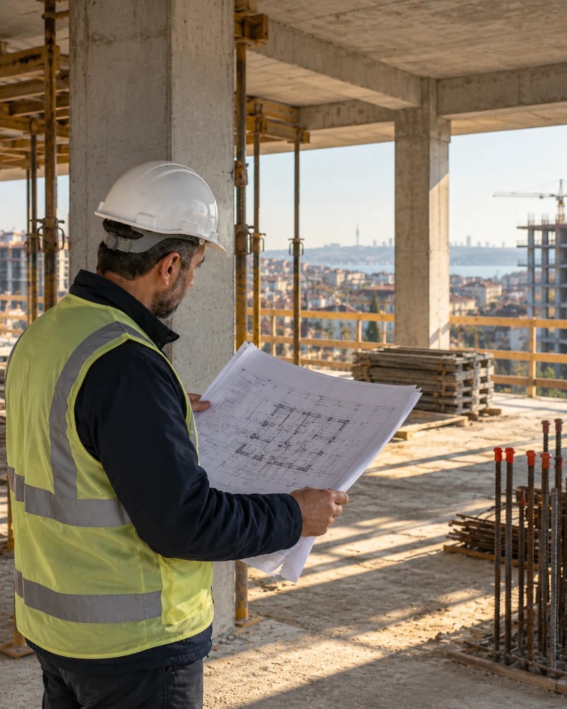 Şantiyede baretli bir teknik personel, betonarme kat arasında proje paftasını inceliyor
